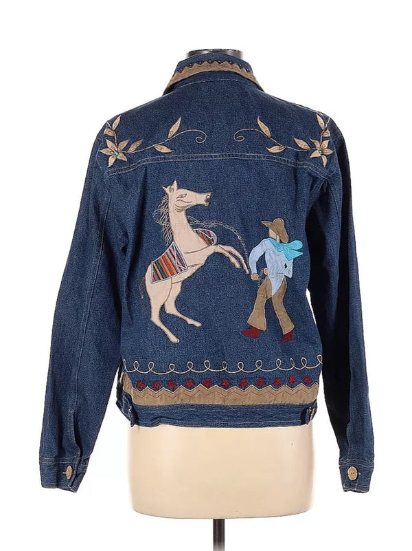 VTG Don’t Mess With Texas Rodeo Horse Western Cowboy Denim Embroidered Jacket L