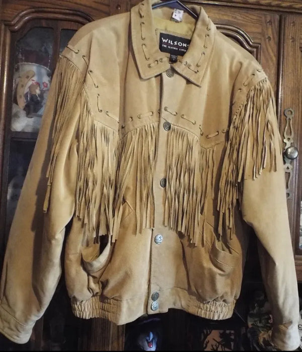 Wilson’s Leather Fringe Suede Leather Bomber Western Cowboy Equestrian Tan Small