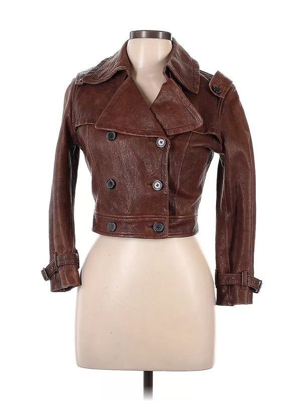 UNITED COLORS OF BENETTON Cropped LEATHER MILITARY Trench JACKET Brown 42