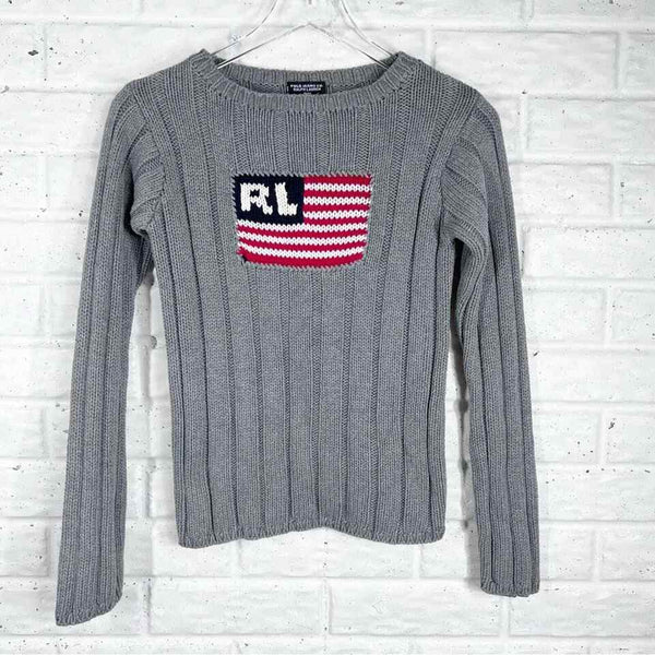 VTG RALPH LAUREN American flag long sleeve cable knit crewneck sweater grey S