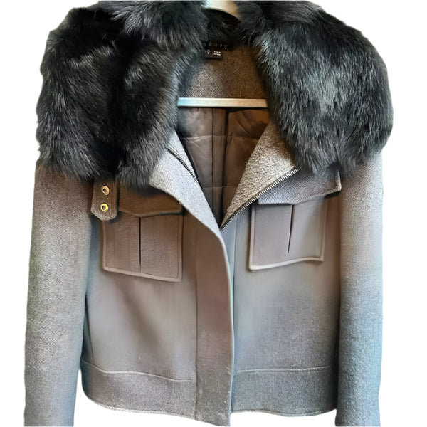 Theory Women's Glormarie Wool Jacket with Detachable Faux Fur Collar – Size Medium