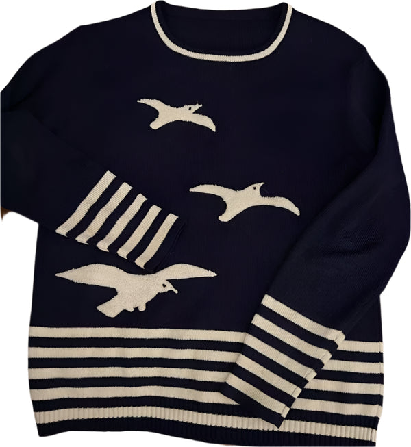 VTG Women's Nautical Navy Blue & White Striped Crewneck Sweater – Small