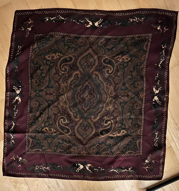 VTG Polo Ralph Lauren Silk Scarf POLO EQUESTRIAN Horse Dogs Burgundy Paisley 31”