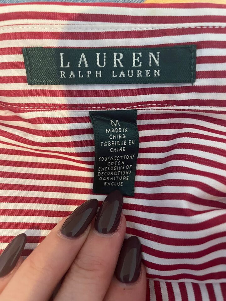 Ralph Lauren Women's Striped Crown Crested Button-Up Long Sleeve Shirt - Red & White, Size Medium