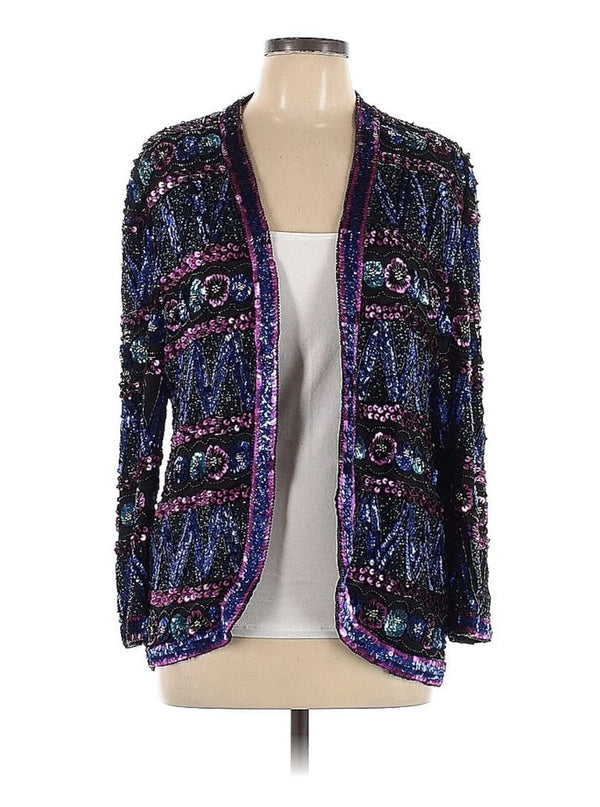 VTG Sequin Beaded Silk Jacket L Black M Pink Blue Lined Open Flowers Mardi Gras