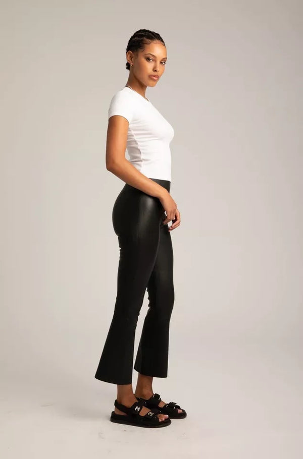 SPRWMN Women's Leather Zipper High Waist Front Pocket Crop Flare Pants - Black, 26" Inseam, Size XS