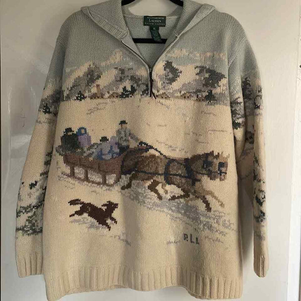 VTG Ralph Lauren Lambswool snow scene sled dog hood Sweater cream XL