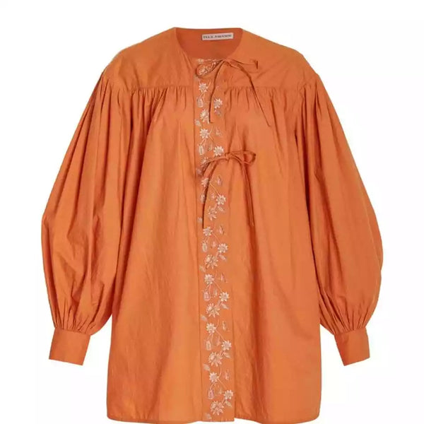 NWT Ulla Johnson Women's Scarlet Tunic – Orange Embroidered Puff Sleeve – Size 8