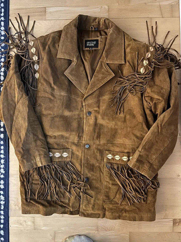 VTG Irvine Park Tan Brown Fringe Western Embroidered Rodeo Coat Jacket XL