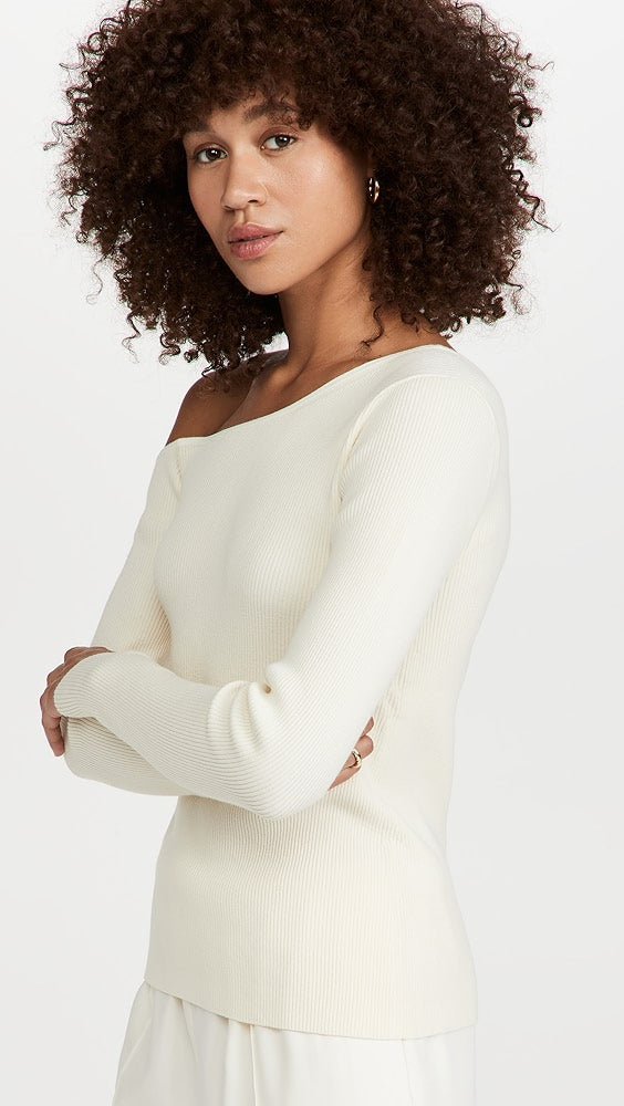 LAPOINTE Women's Cream White Ribbed One-Shoulder Long Sleeve Sweater Top, Size Extra Large