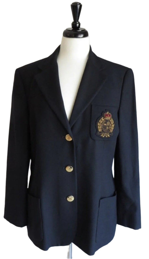 VTG Ralph Lauren Women's Navy Wool 3D Royal Crest Blazer Gold Single Breasted Size 8