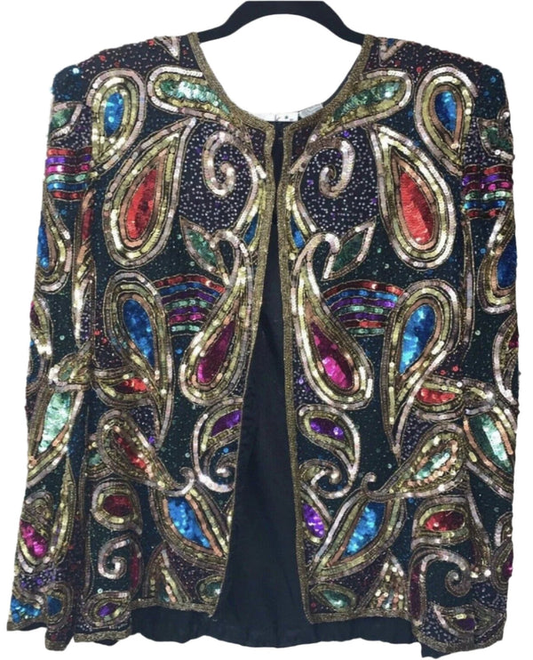 Lawrence Kazar Women's Paisley Rainbow Sequin Silk Jacket, Party Shimmer, New Year's Eve, Large