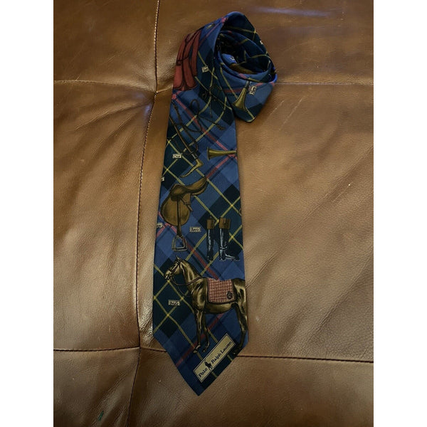 Polo Ralph Lauren Blue Green Plaid Equestrian Horse Silk Tie Hand Made Tartan