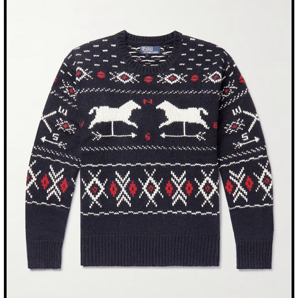 Polo Ralph Lauren Men's Wool Fair Isle Twin Horse Equestrian Western Knit Sweater – Medium