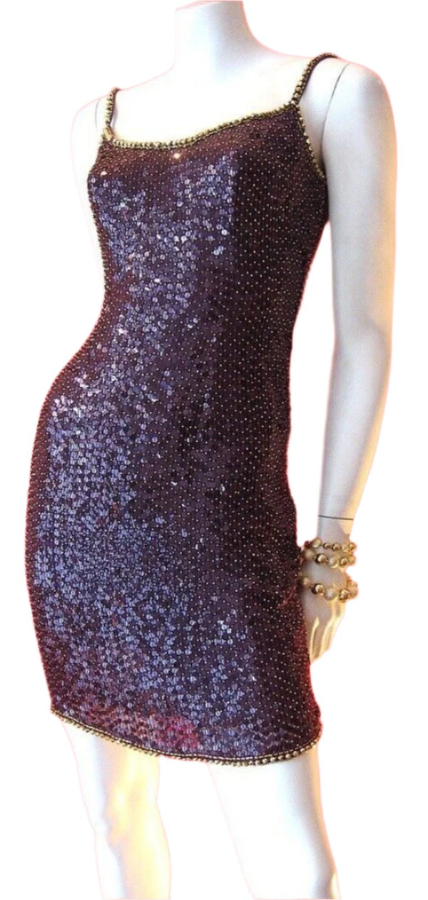 Vintage Oleg Cassini Women's Black Tie Silk Sequin Beaded Purple Gold LSU Mardi Gras Dress, Size Small