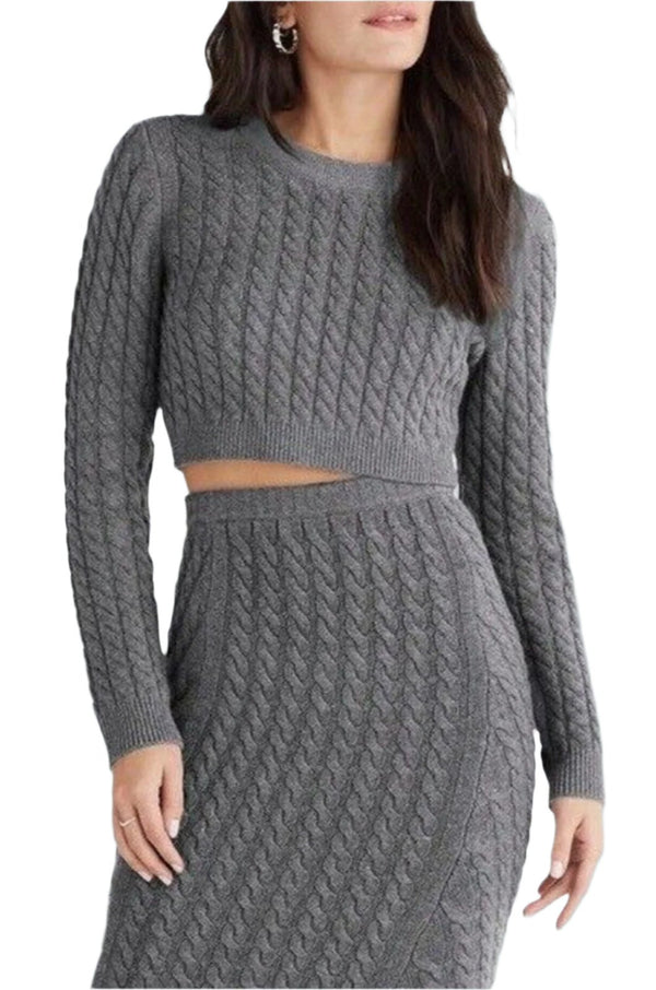 Favorite Daughter women's Wool Blend Cabled Cropped Sweater Grey xs