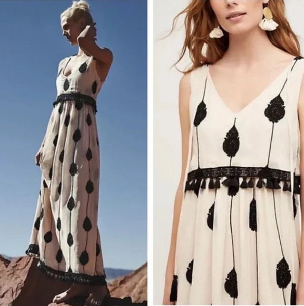 Anthropologie Women’s Moulinette Soeurs Embroidered Maxi Dress White Black Cream Tassels Size 2