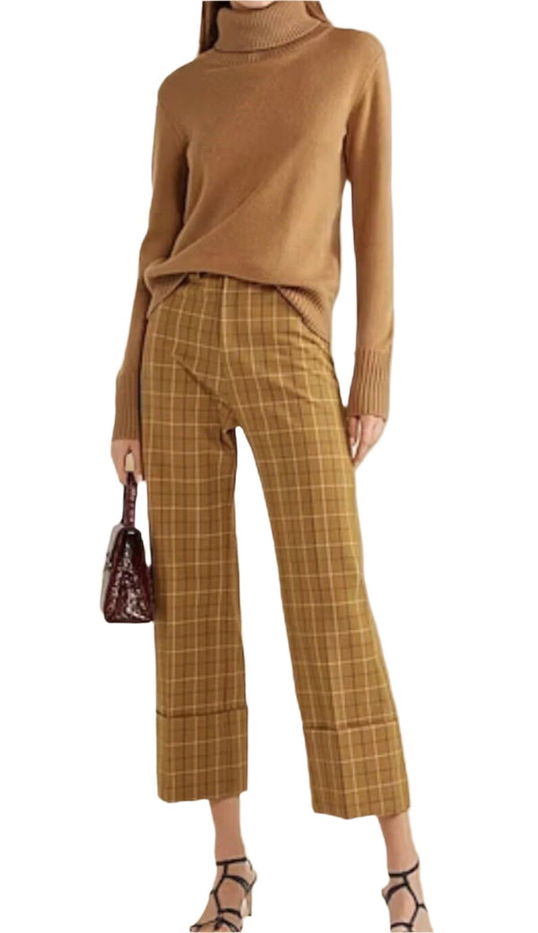 Sea New York Women's Wide Leg Deep Cuff Pants Tan Brown Beige Plaid Check Size 8