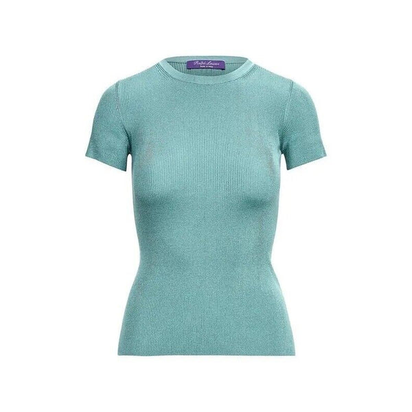 NWT Ralph Lauren Purple Label Collection Women's 100% Silk Blue Short Sleeve Shirt – Large