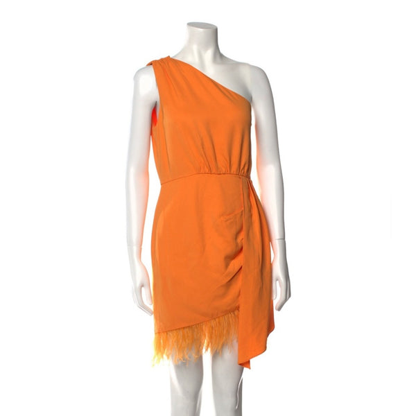 Saylor Women's Audrie One-Shoulder Feather-Trimmed Mini Dress - Orange, Small, NWT
