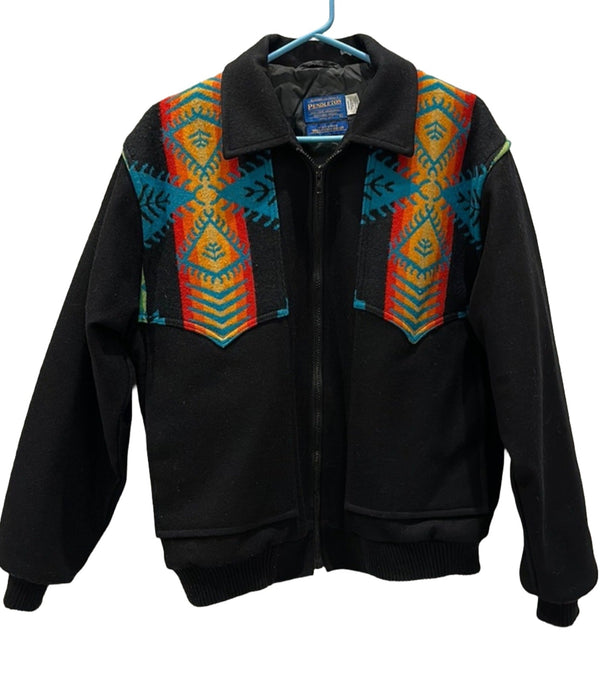 Vintage Pendleton Virgin Wool black Aztec print bomber Jacket M