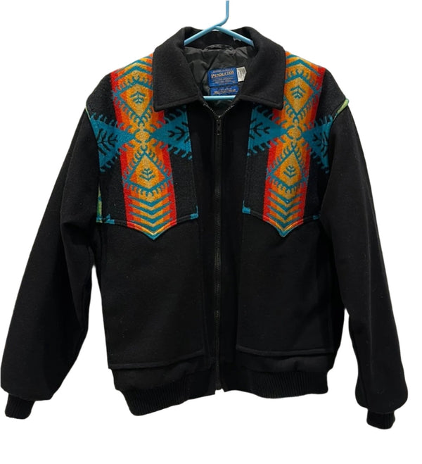 Vintage Pendleton Virgin Wool Bomber Jacket - Black Aztec Print, Medium