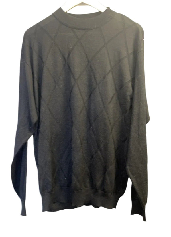 Genelli Men's Silk Blend Gray Argyle Diamond Black Long Sleeve Sweater, Size Large