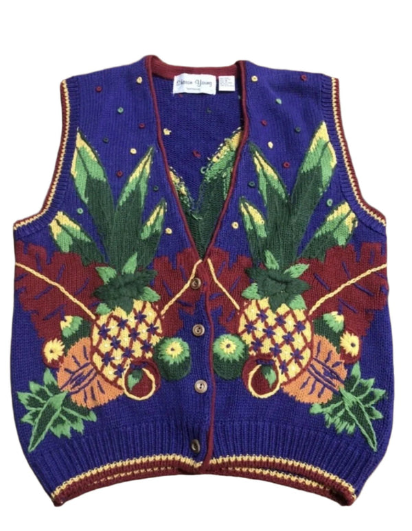 Sharon Young Women's Purple Fruit Sweater Vest, Size M, Funky and Fun Design