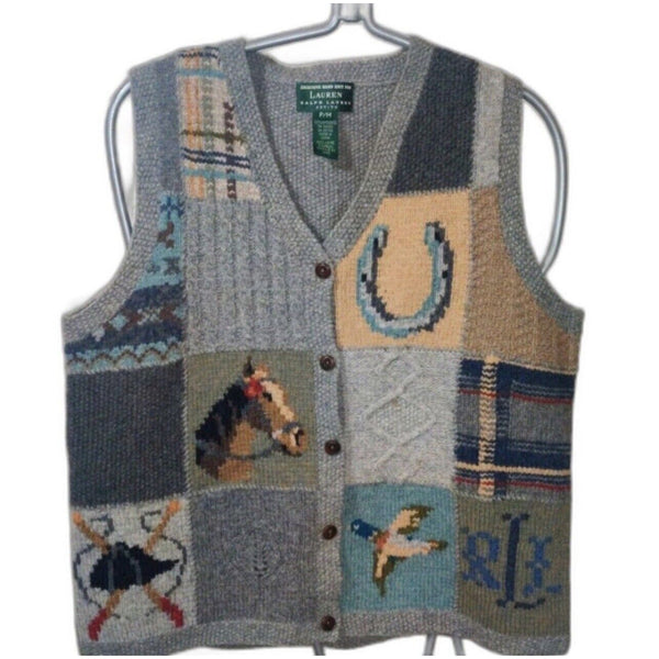 Ralph Lauren M Wool Patchwork Equestrian Western Hunting Sweater Vest RRL Polo