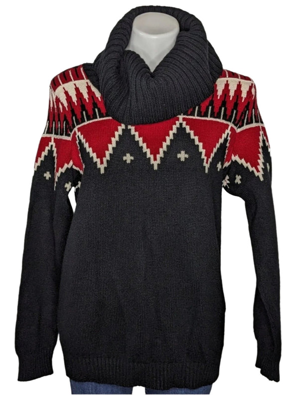 LRL Ralph Lauren women's black red geometric mock neck long sleeve sweater M/L