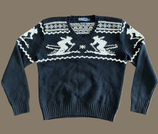 Polo Ralph Lauren Black White Apres Ski Cotton Cashmere-Angora Knit Sweater XL