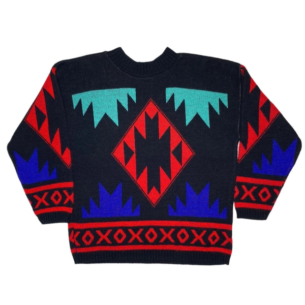 Vintage Spring Season Colorful Geometric Sweater red black Aztec Apres ski small