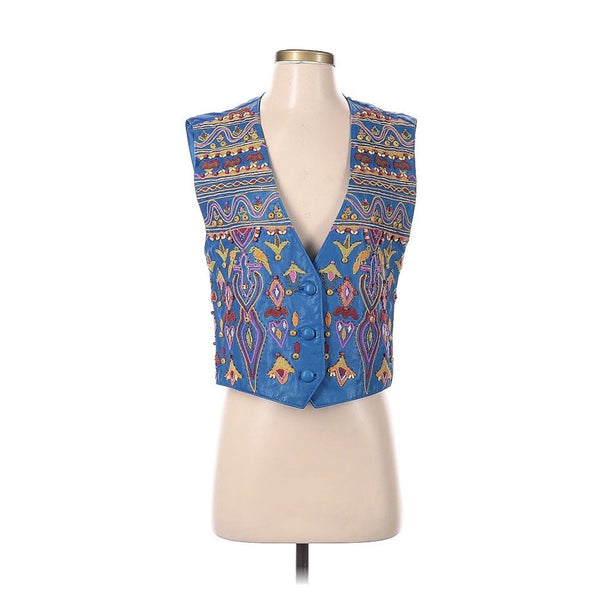 NWT Erez Women's Equestrian Southwest Style Leather Embroidered Vest - Blue, Size Small