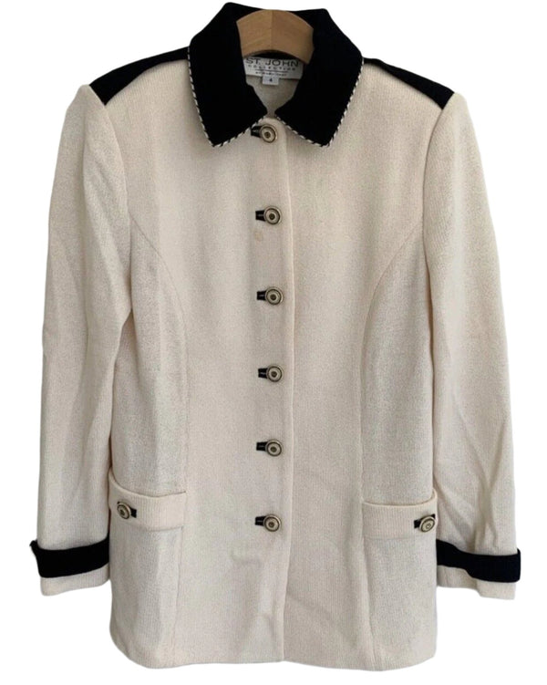 VTG St. John Collection Women's Cream & Black Santana Knit Longline Blazer Jacket Size 4