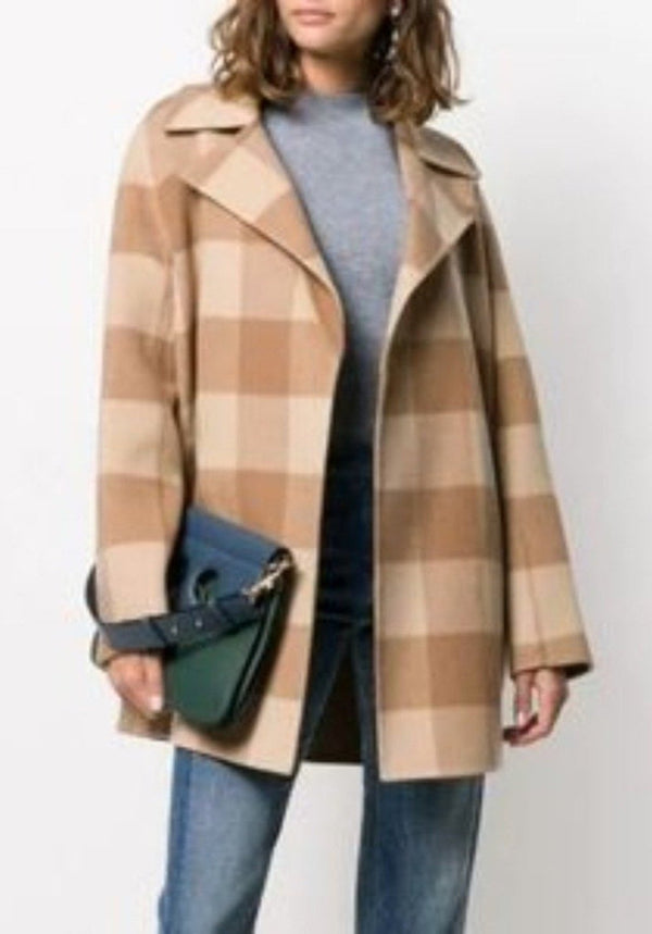 Theory Women's Tan Check Overlay Double Face Open Wool Coat, Size Medium