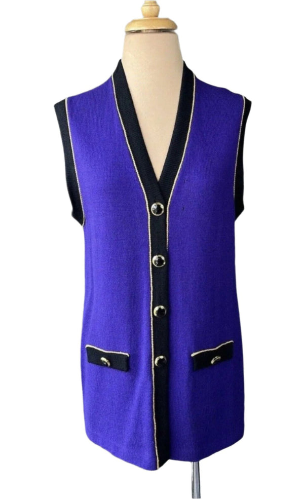 St. John Collection Women's Purple Gold Black Sleeveless Cardigan Vest Tunic Duster, Size Small