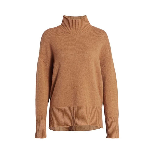 Frame Denim Women's 100% Cashmere High-Low Sweater, Tan Camel Brown, Mock Neck, Size Medium