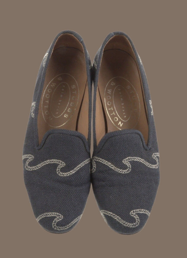 Stubbs & Wootton Women's Linen "WAVES" Slippers Loafers Navy Blue Size 6