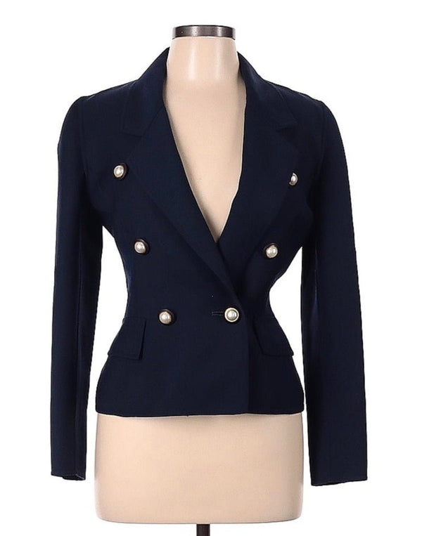 Oscar De La Renta Women's Navy Double-Breasted Wool Blazer with Pearl Buttons, Size 6