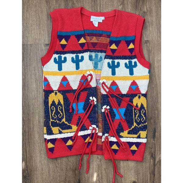 VTG Sweater Loft Cowboy Cactus Aztec Silver Buttons Knit Vest Western Equestrian