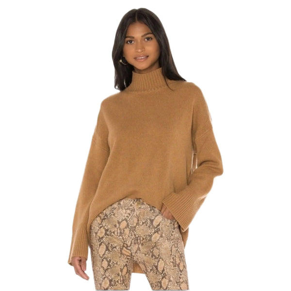 Frame Denim Women's 100% Cashmere High-Low Sweater, Tan Camel Brown, Mock Neck, Size Medium