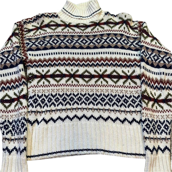 James St. John Women's Vintage Knitted Cottagecore Sweater – Turtleneck Chunky Cream Print, Medium