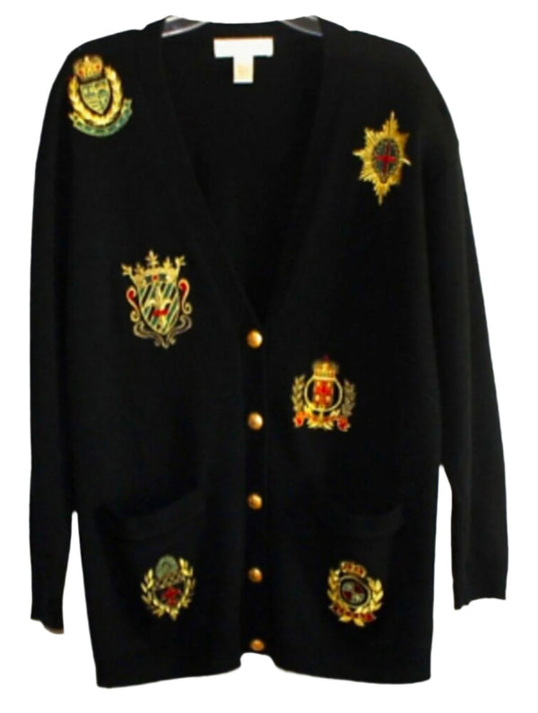 JONES NEW YORK women's Black Cardigan with embroidered Coat of arms Pettit Medium