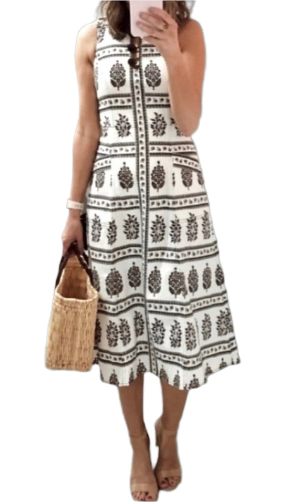 Anthropologie Women's Woodblock Midi Dress, Block Print White Black, Size 0