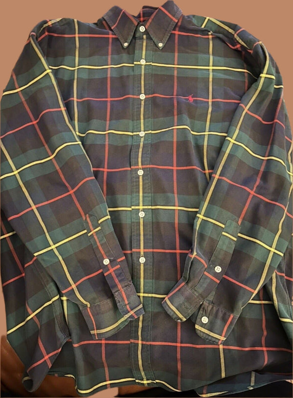 Vtg Polo Ralph Lauren Shirt XL Blake Button Up Green Tartan Plaid Long Sleeve