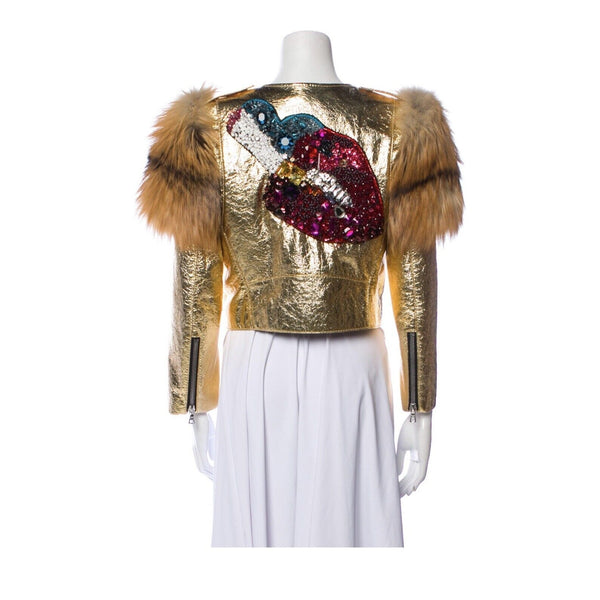 Marc Jacobs Fox Fur Leather Jacket Gold Sequin Lips Lil Kim Medium 6 $6800